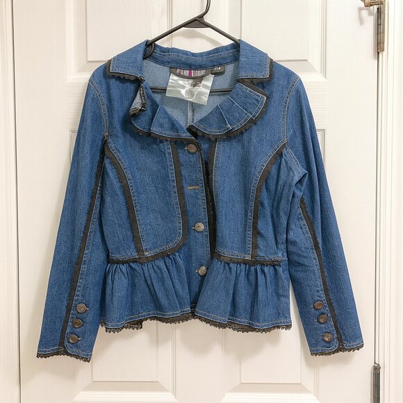 Pyramid Collection Denim Ruffle Peplum Jacket Women’s Size M - Picture 1 of 6